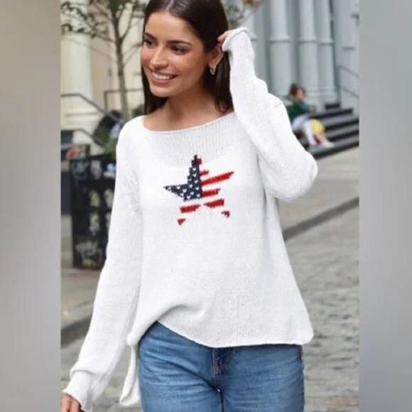 Wooden Ships Open Knit American Flag Star Sweater USA Patriotic Women's S/M - Picture 1 of 9